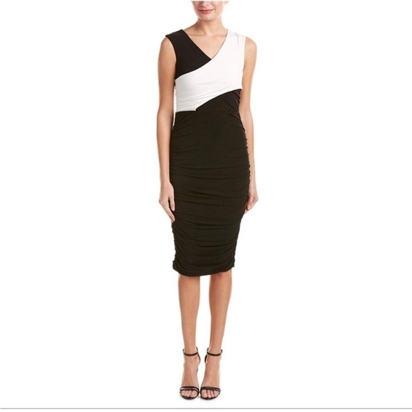Rachel Roy Black and White ColorBlock Criss Cross Ruched Midi Dress - Picture 2 of 16